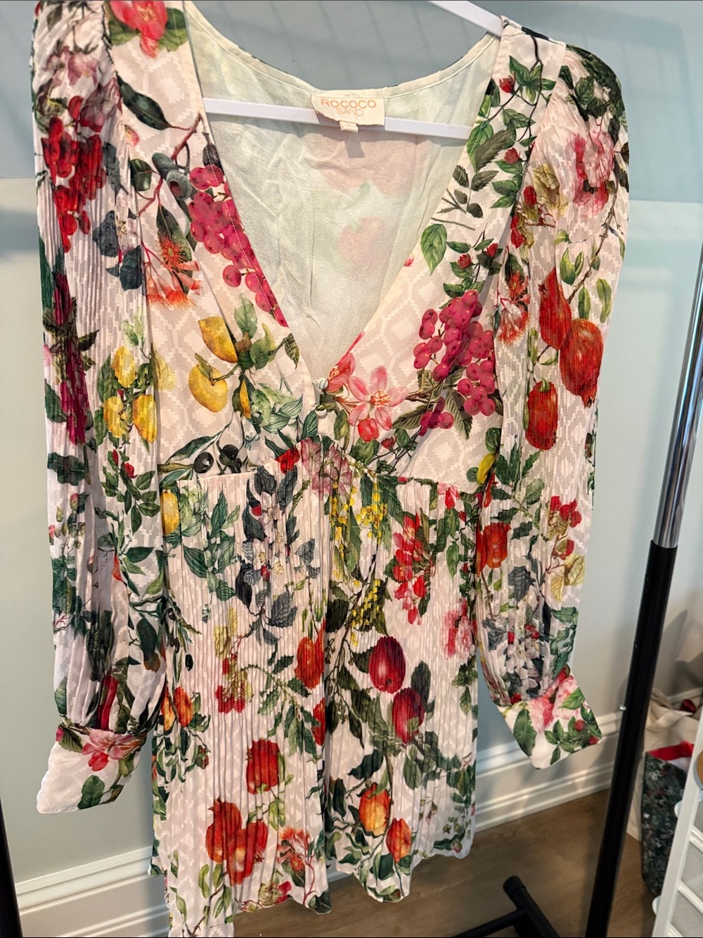Rococo Sand White Pleated Mini Dress with Multicolor Fruit & Floral Print